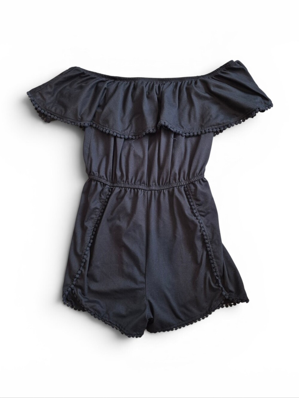 Charlotte Russe Black Off-Shoulder Ruffle Pom-Pom Trim Romper